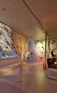 Una stanza con una foresta stilizzata fatta di pannelli di legno, animali selvatici tassidermizzati | © LignoAlp