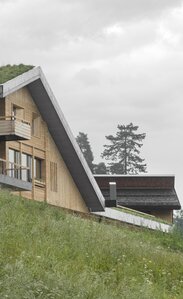 n a green meadow stands a new house with walls made of natural wood and a green roof | © Gustav Willeit