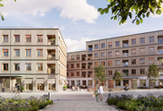 Rendering der Außenfassade zweier Gebäude mit Holzverkleidung | © Formstadt GmbH-Eckpfeiler