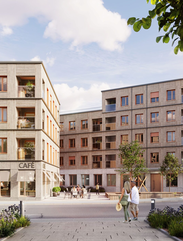 Rendering der Außenfassade zweier Gebäude mit Holzverkleidung | © Formstadt GmbH-Eckpfeiler