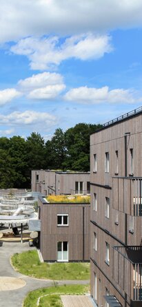 Eine große Wohnanlage mit drei- und vierstöckigen Gebäuden mit Fassaden aus vorvergrauten Holzleisten und einem geschwungenen Laubengang als Zugang | © Regina Sedlmayer