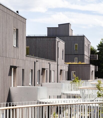 Eine große Wohnanlage mit drei- und vierstöckigen Gebäuden mit Fassaden aus vorvergrauten Holzleisten und einem geschwungenen Laubengang als Zugang | © Regina Sedlmayer